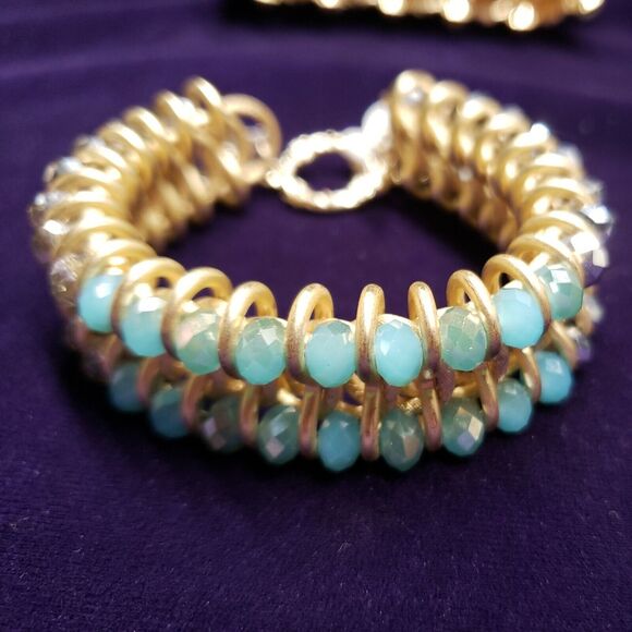 Woven Chain and Crystal Bracelet, Matte Gold Finish, Turquoise & Silver Crystals - Picture 1 of 12